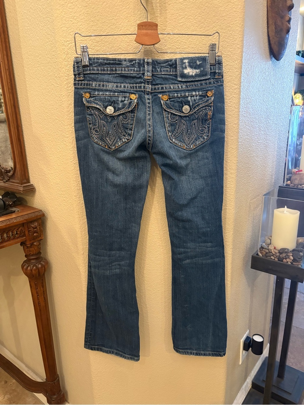 MEK DENIM Blue Oaxaca Bootcut Low Rise Embellished Distressed Y2K Jeans Size 25